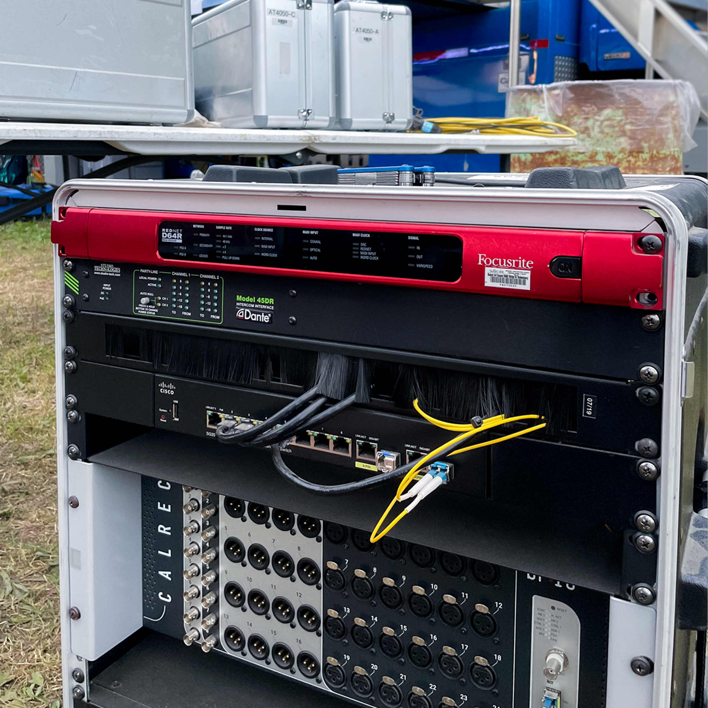MTSU Students power Bonnaroo 2024 broadcast with Focusrite RedNet Gear rack employed by the MTSU audio team at Bonnaroo, featuring the Focusrite RedNet D64R 64-channel MADI bridge