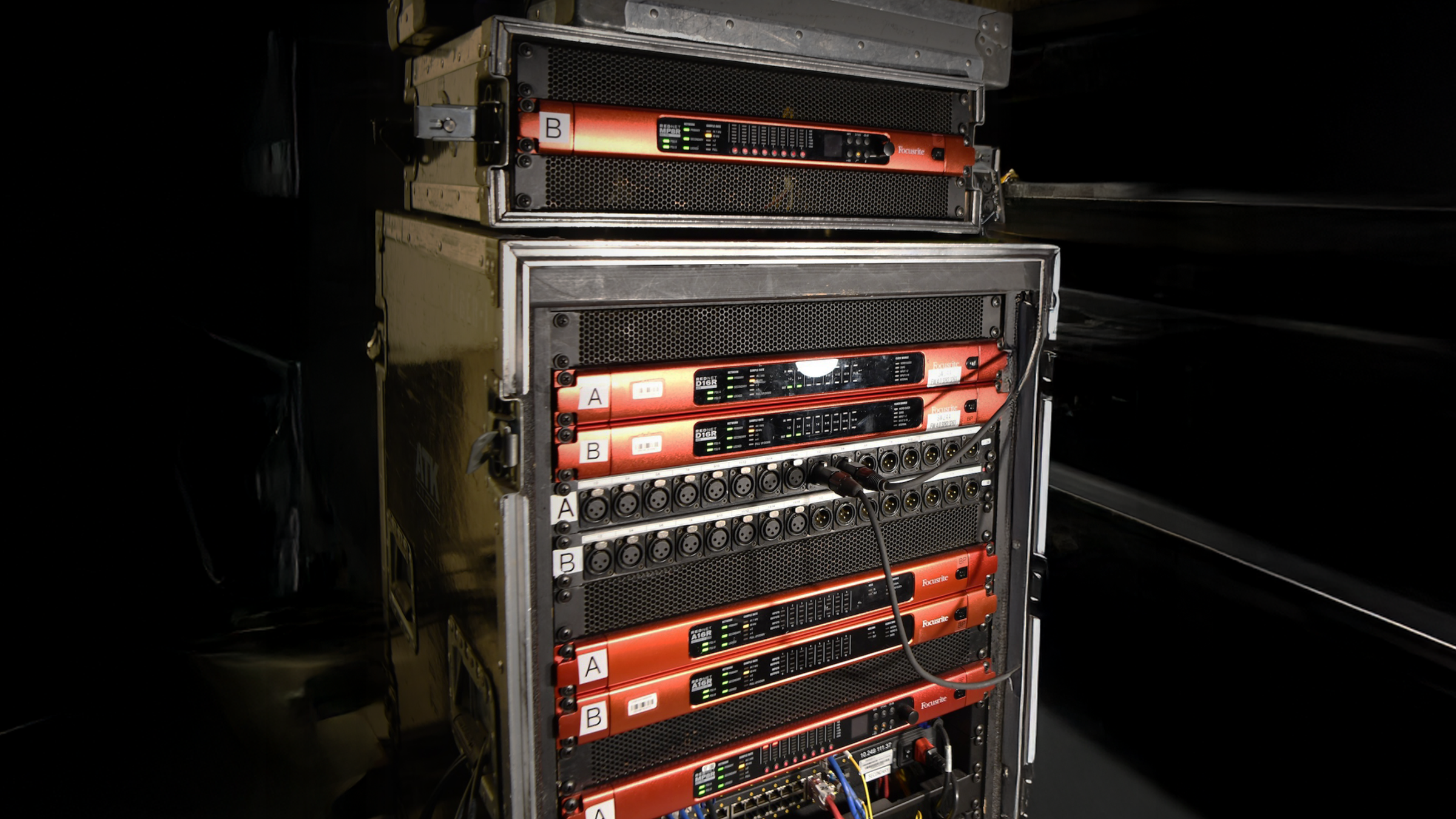 An ATK Audiotek rack during setup at Super Bowl LX, featuring Focusrite RedNet components. Photo credit: Bill Brungard & ATK Audiotek. An ATK Audiotek rack during setup at Super Bowl LX, featuring Focusrite RedNet components. Photo credit: Bill Brungard & ATK Audiotek.